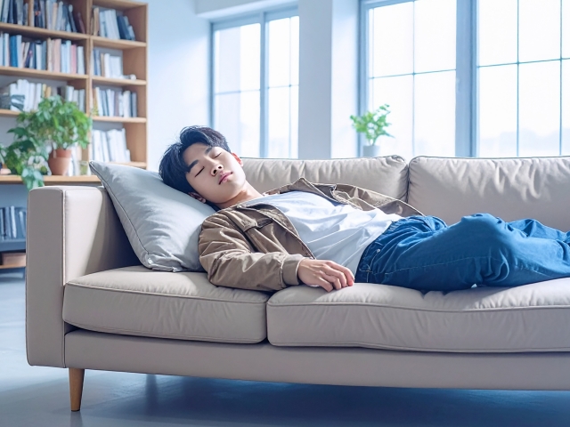 食後にすぐ寝る男性