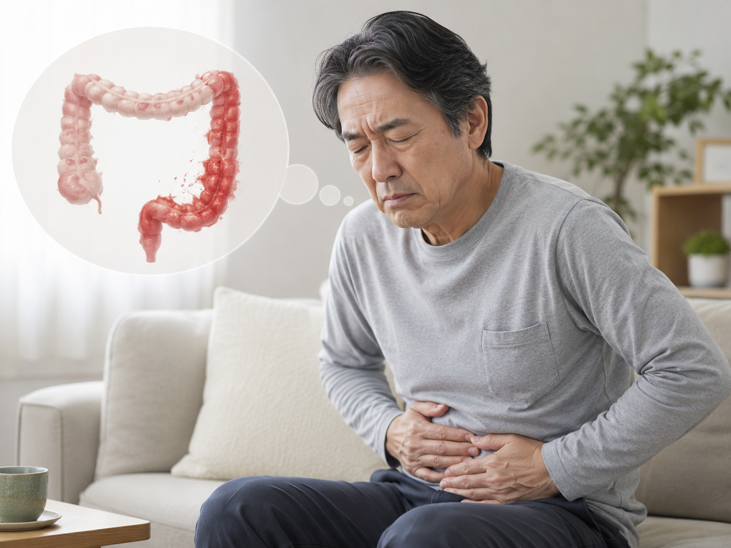 お腹を痛がる男性