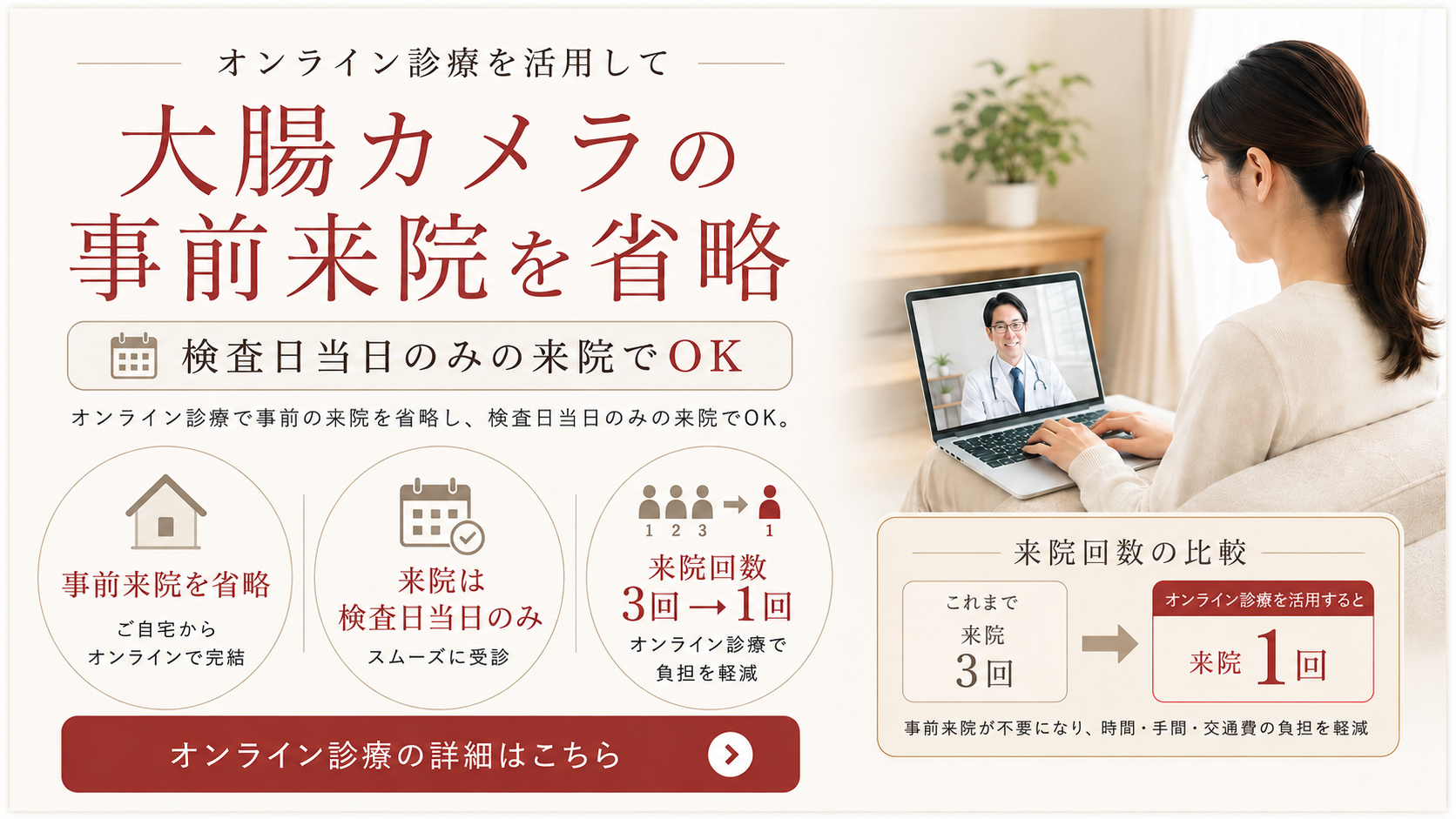 大腸カメラが来院1回で受けられる オンライン診療
